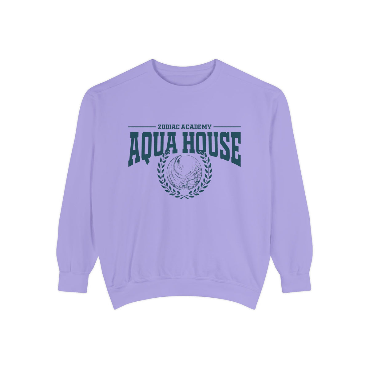 Zodiac Academy Aqua House crewneck sweatshirt from thtgrlreads features a vintage-washed Comfort Colors base with bold dark teal graphic text and emblem, perfect for cozy back-to-school wear.