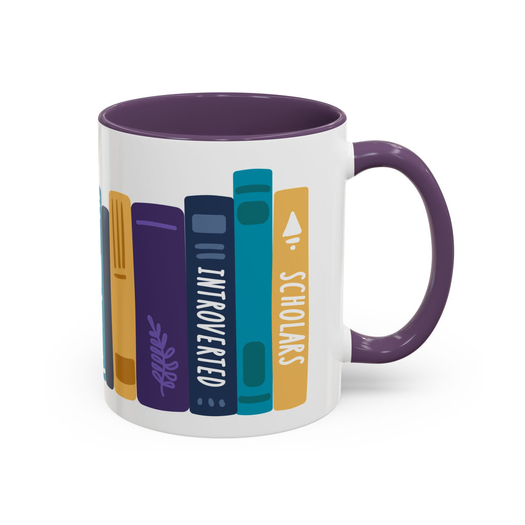 Thtgrlreads NC Book Bestie Mug featuring a colorful illustrated stack of books with titles like Introverted and Scholars, white ceramic with purple interior and handle, perfect for book lovers.