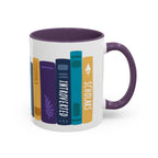 Thtgrlreads NC Book Bestie Mug featuring a colorful illustrated stack of books with titles like Introverted and Scholars, white ceramic with purple interior and handle, perfect for book lovers.