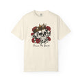 Thtgrlreads Liv Zander collection comfort colors graphic tee featuring vintage wash cream fabric with a detailed skull and crown design surrounded by red roses and "Crown Me Yours" text.