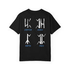 thtgrlreads Wolves of Ruin collection comfort colors graphic tee featuring white stylized symbols with blue names Strategos, Daemos, Kryptos, and Phylax on a black unisex cotton shirt by Printify.