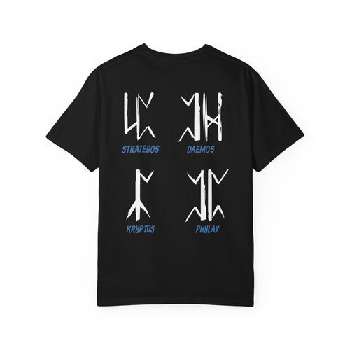 thtgrlreads Wolves of Ruin collection comfort colors graphic tee featuring white stylized symbols with blue names Strategos, Daemos, Kryptos, and Phylax on a black unisex cotton shirt by Printify.