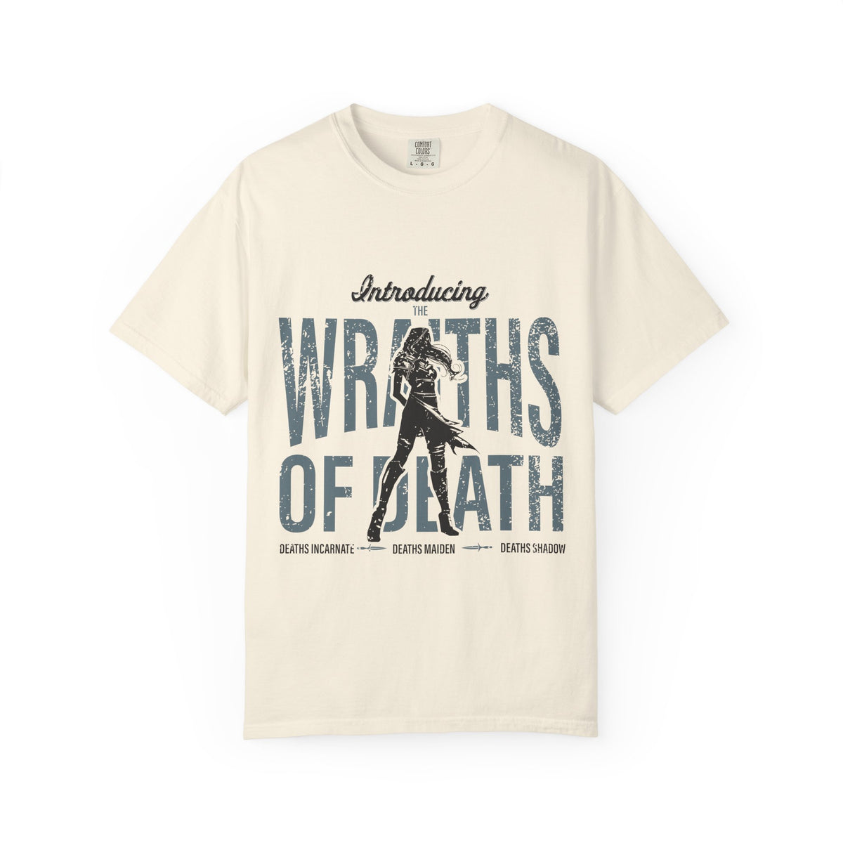 Thtgrlreads Lady of Darkness & Legacy Series comfort colors graphic tee in vintage wash featuring distressed print and silhouette design highlighting dark fantasy themes.