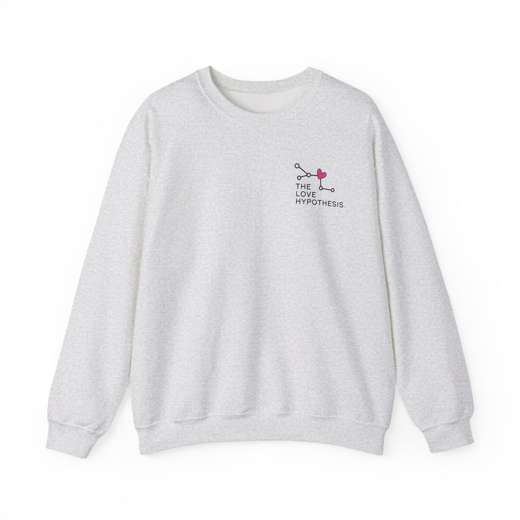 Light gray crewneck sweatshirt with a small The Love Hypothesis heart graphic on the chest from Thtgrlreads Crewnecks and Ali Hazelwood collection