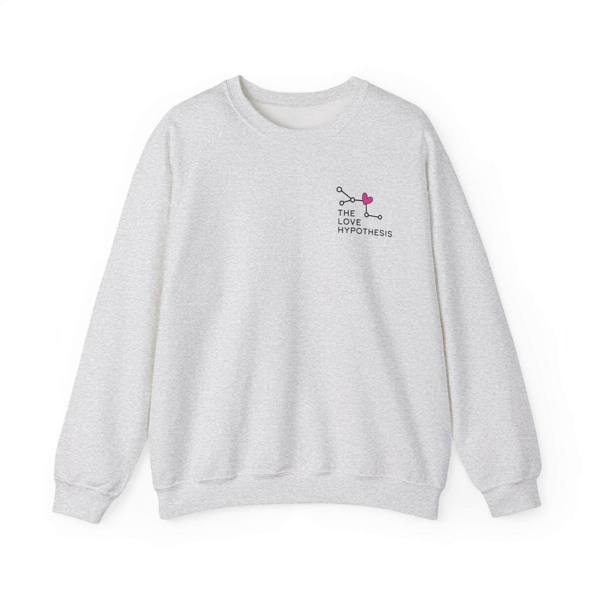 Light gray crewneck sweatshirt with a small The Love Hypothesis heart graphic on the chest from Thtgrlreads Crewnecks and Ali Hazelwood collection