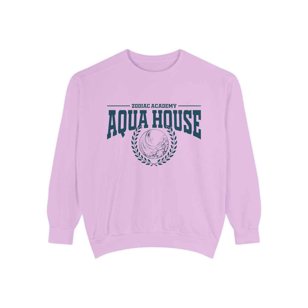 Zodiac Academy crewneck sweatshirt from thtgrlreads featuring vintage-style Aqua House graphic in dark teal on a soft, lavender Comfort Colors fabric, part of Back to School merch.