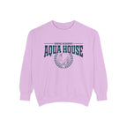 Zodiac Academy crewneck sweatshirt from thtgrlreads featuring vintage-style Aqua House graphic in dark teal on a soft, lavender Comfort Colors fabric, part of Back to School merch.
