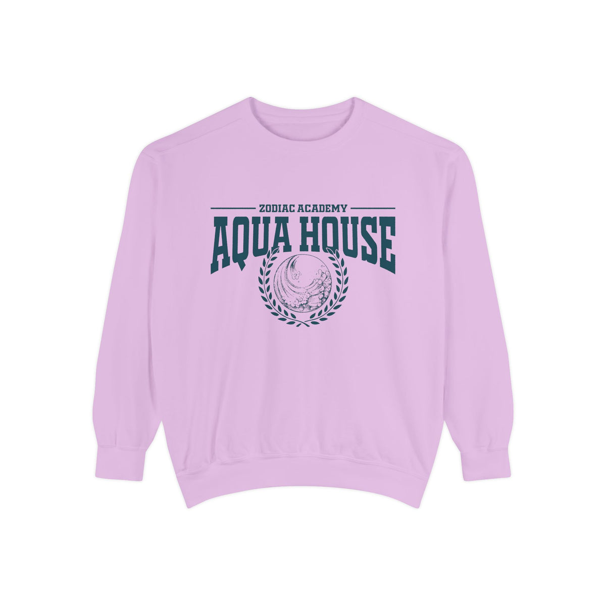Zodiac Academy crewneck sweatshirt from thtgrlreads featuring vintage-style Aqua House graphic in dark teal on a soft, lavender Comfort Colors fabric, part of Back to School merch.
