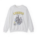 thtgrlreads Kindred's Curse Saga oversized crewneck sweatshirt in vintage-washed light gray with yellow and black graphic print of a fantasy castle and text "Lumnos" and "Realm of Light and Shadow," part of Crewnecks collection.