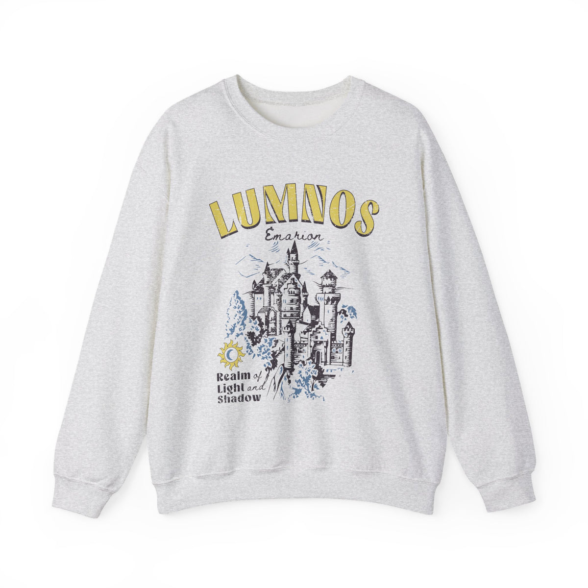 thtgrlreads Kindred's Curse Saga oversized crewneck sweatshirt in vintage-washed light gray with yellow and black graphic print of a fantasy castle and text "Lumnos" and "Realm of Light and Shadow," part of Crewnecks collection.