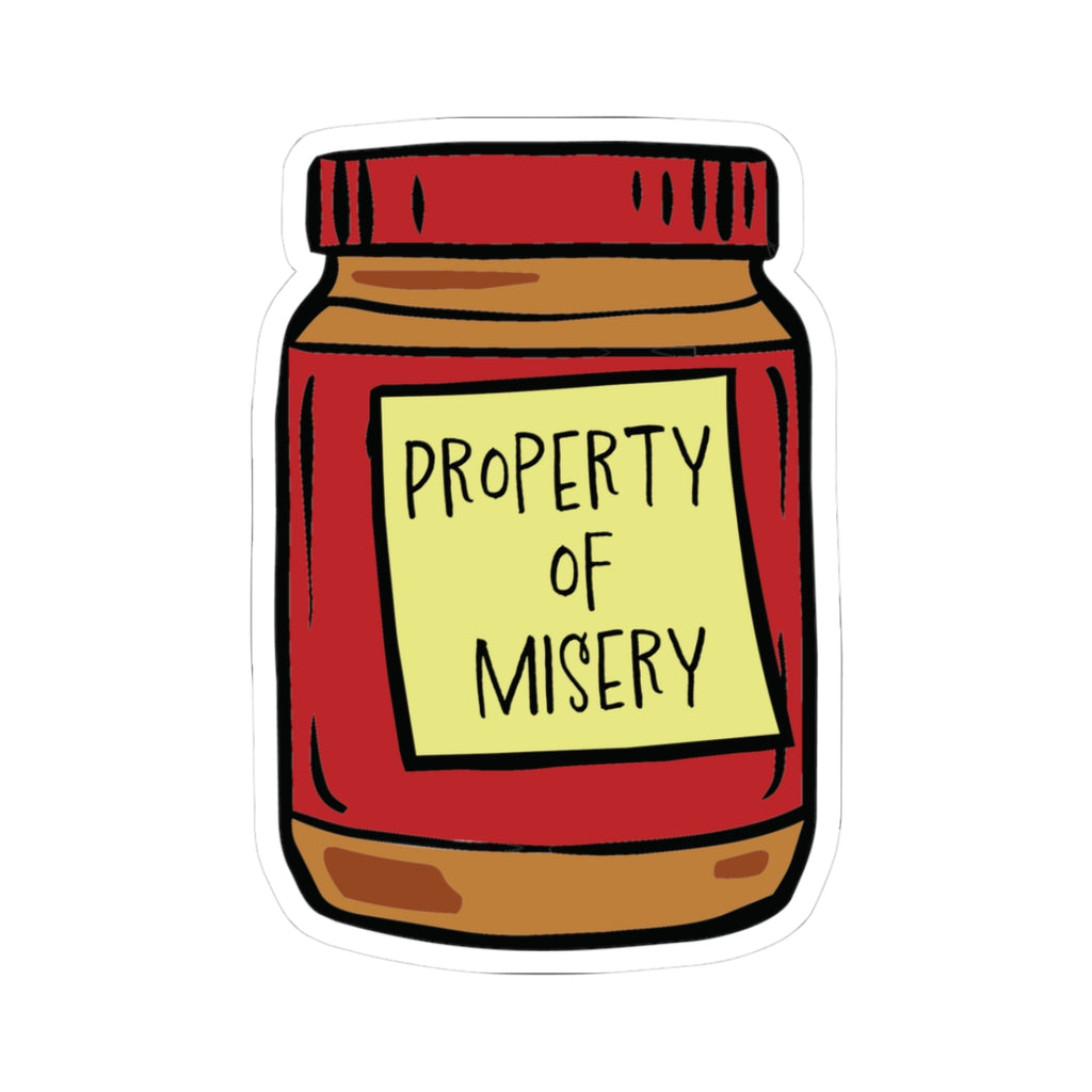Red peanut butter jar sticker with a yellow label reading Property of Misery, from Thtgrlreads in the Ali Hazelwood sticker collection