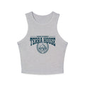 Zodiac Academy-themed cozy vintage-wash Comfort Colors crop tank from thtgrlreads featuring bold "Terra House" text and mountain emblem, perfect for Back to School fans.