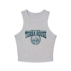Zodiac Academy-themed cozy vintage-wash Comfort Colors crop tank from thtgrlreads featuring bold "Terra House" text and mountain emblem, perfect for Back to School fans.