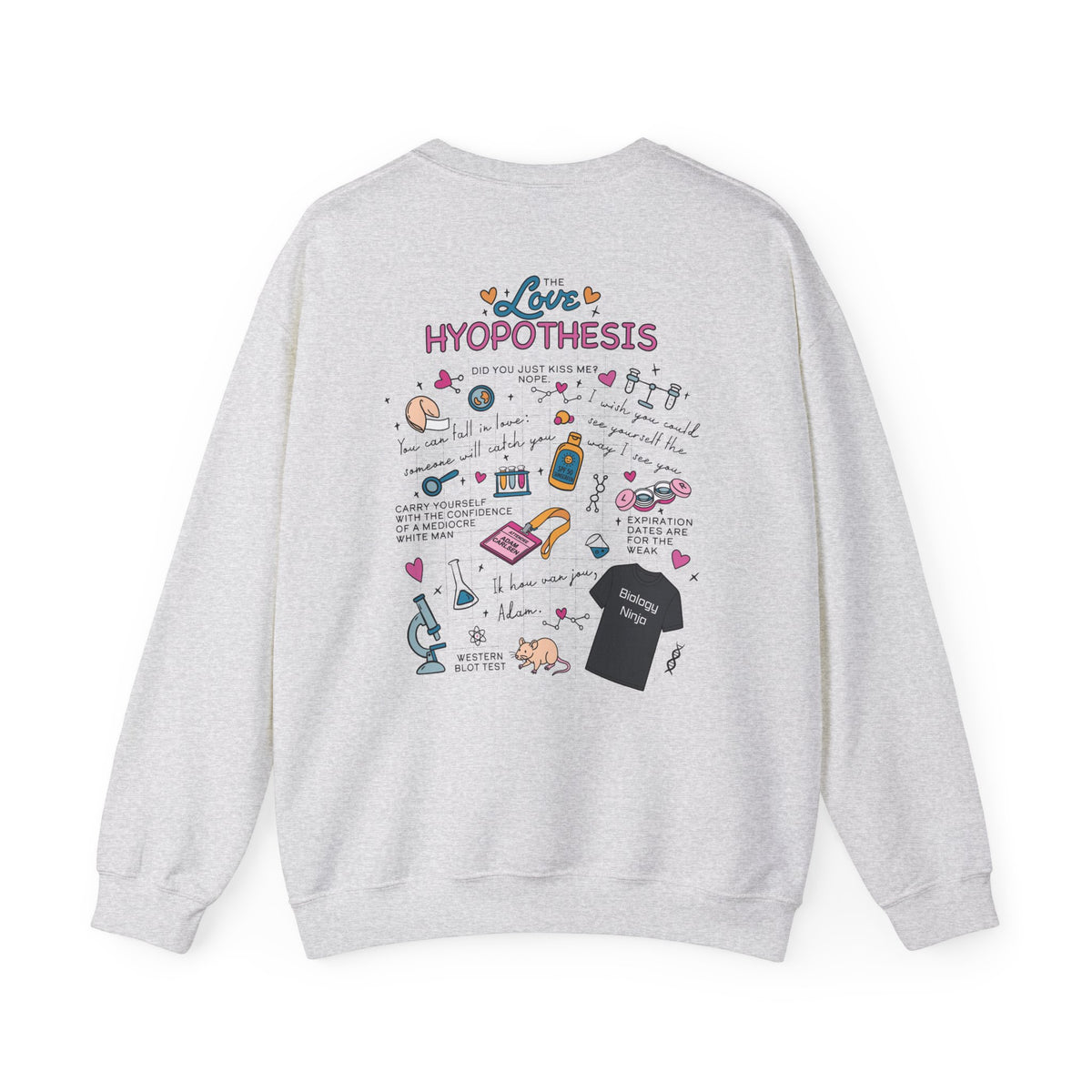 Light gray Love Hypothesis graphic crewneck sweatshirt with colorful literary illustrations from Thtgrlreads Crewnecks and Ali Hazelwood collection