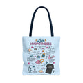 Light blue Love Hypothesis tote bag with colorful science and romance illustrations, black handles, and officially licensed Ali Hazelwood artwork by Printify