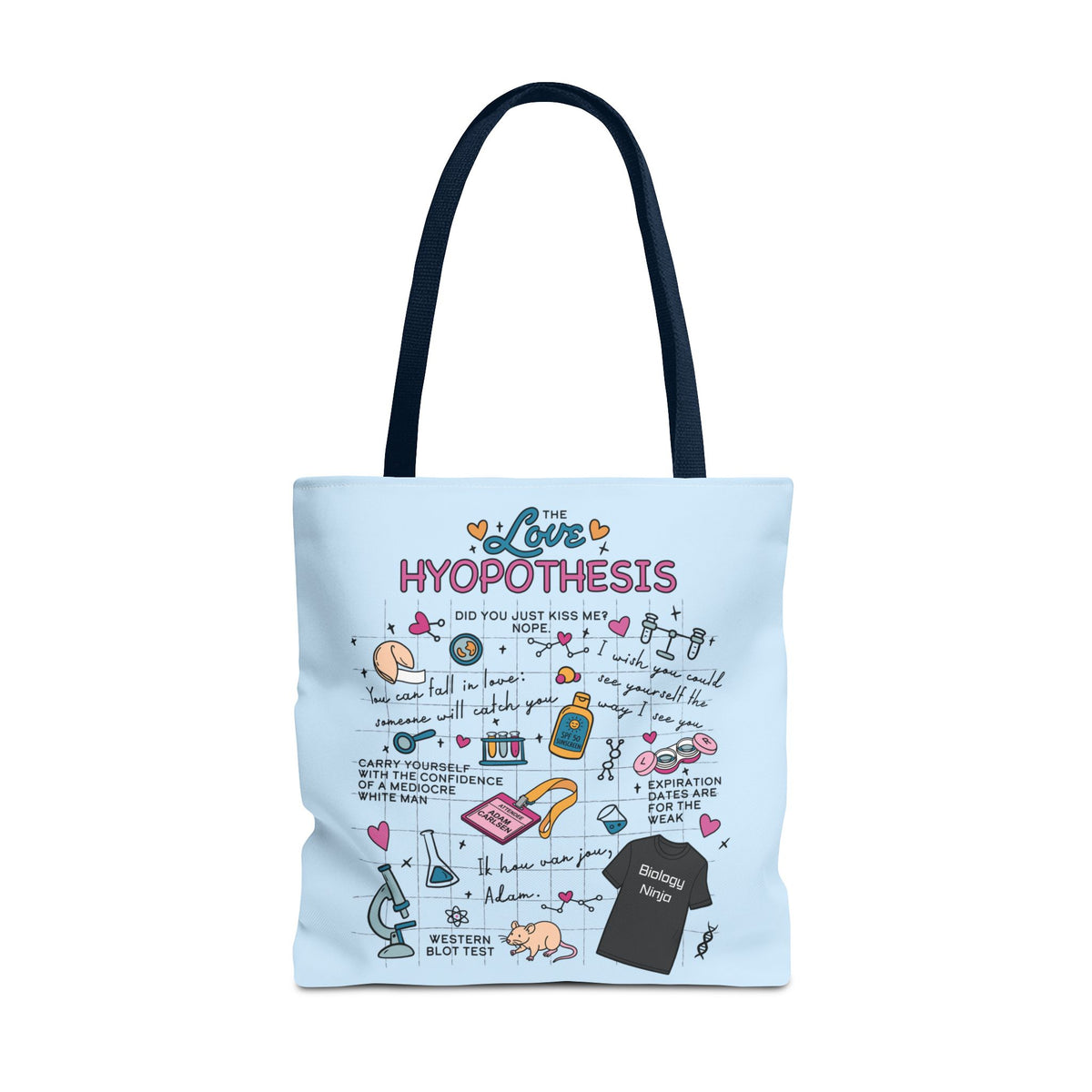 Light blue Love Hypothesis tote bag with colorful science and romance illustrations, black handles, and officially licensed Ali Hazelwood artwork by Printify