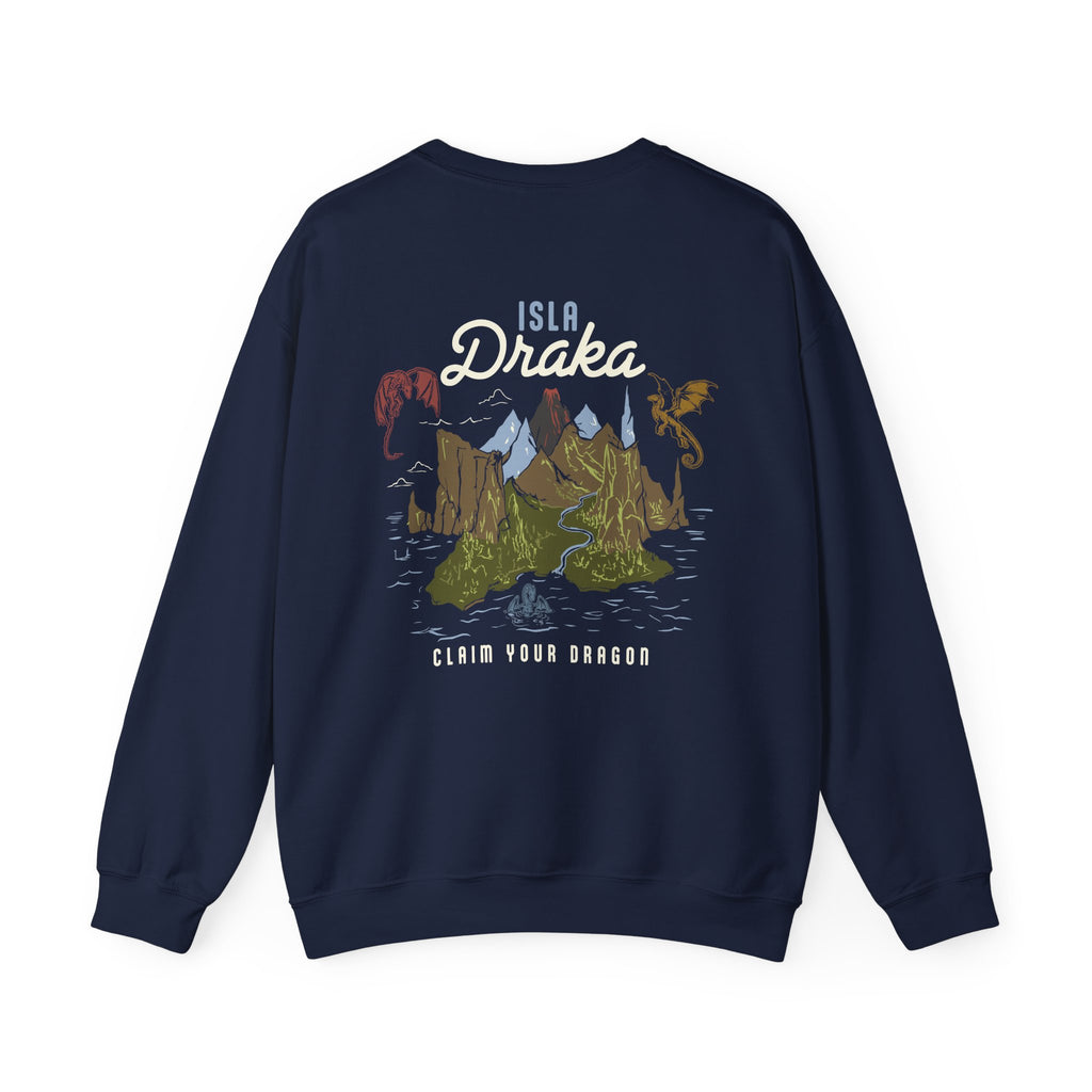 thtgrlreads Blood Bound collection navy oversized crewneck sweatshirt by Printify featuring a vintage graphic print of mountains and dragons with "Isla Draka" text, made from a soft Comfort Colors base.