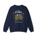 thtgrlreads Blood Bound collection navy oversized crewneck sweatshirt by Printify featuring a vintage graphic print of mountains and dragons with "Isla Draka" text, made from a soft Comfort Colors base.