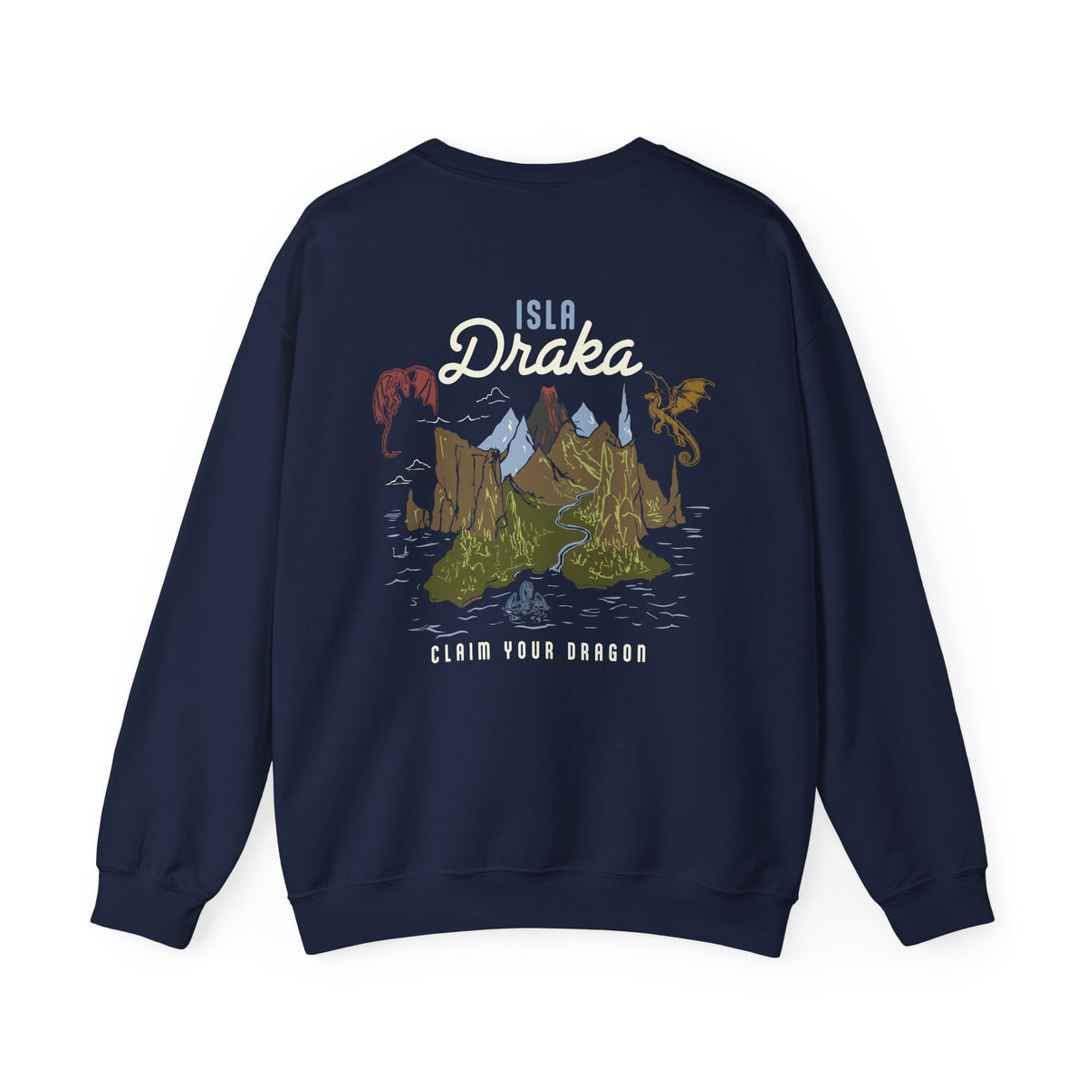 thtgrlreads Blood Bound collection navy oversized crewneck sweatshirt by Printify featuring a vintage graphic print of mountains and dragons with "Isla Draka" text, made from a soft Comfort Colors base.