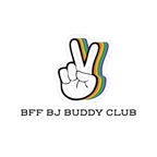 Sticker from thtgrlreads featuring a peace sign hand with a colorful layered rainbow shadow and bold black text reading "BFF BJ Buddy Club," part of Zodiac Academy and Stickers collections.