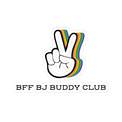 Sticker from thtgrlreads featuring a peace sign hand with a colorful layered rainbow shadow and bold black text reading "BFF BJ Buddy Club," part of Zodiac Academy and Stickers collections.
