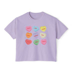 A lavender Comfort Colors cropped t-shirt from thtgrlreads’ Zodiac Academy collection featuring colorful candy heart graphics with names from the Ruthless Boys of the Zodiac series.