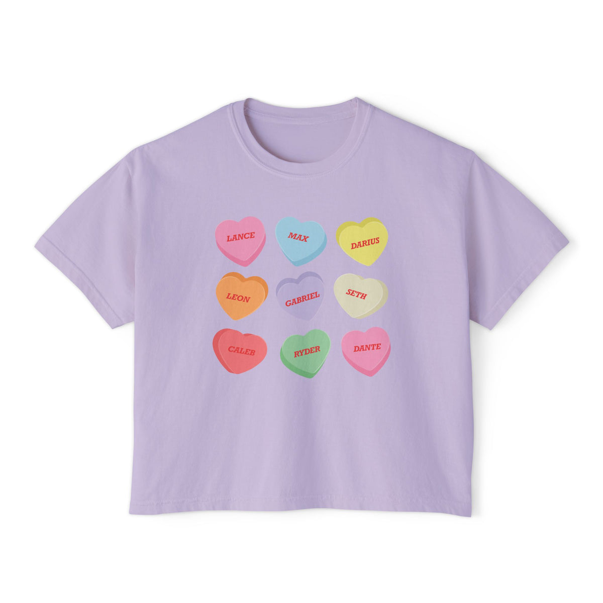 A lavender Comfort Colors cropped t-shirt from thtgrlreads’ Zodiac Academy collection featuring colorful candy heart graphics with names from the Ruthless Boys of the Zodiac series.