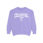 Thtgrlreads Zodiac Academy collection oversized crewneck sweatshirt in vintage-washed lavender Comfort Colors featuring bold white collegiate-style "Celestial Heirs" text and crossed symbols graphic.