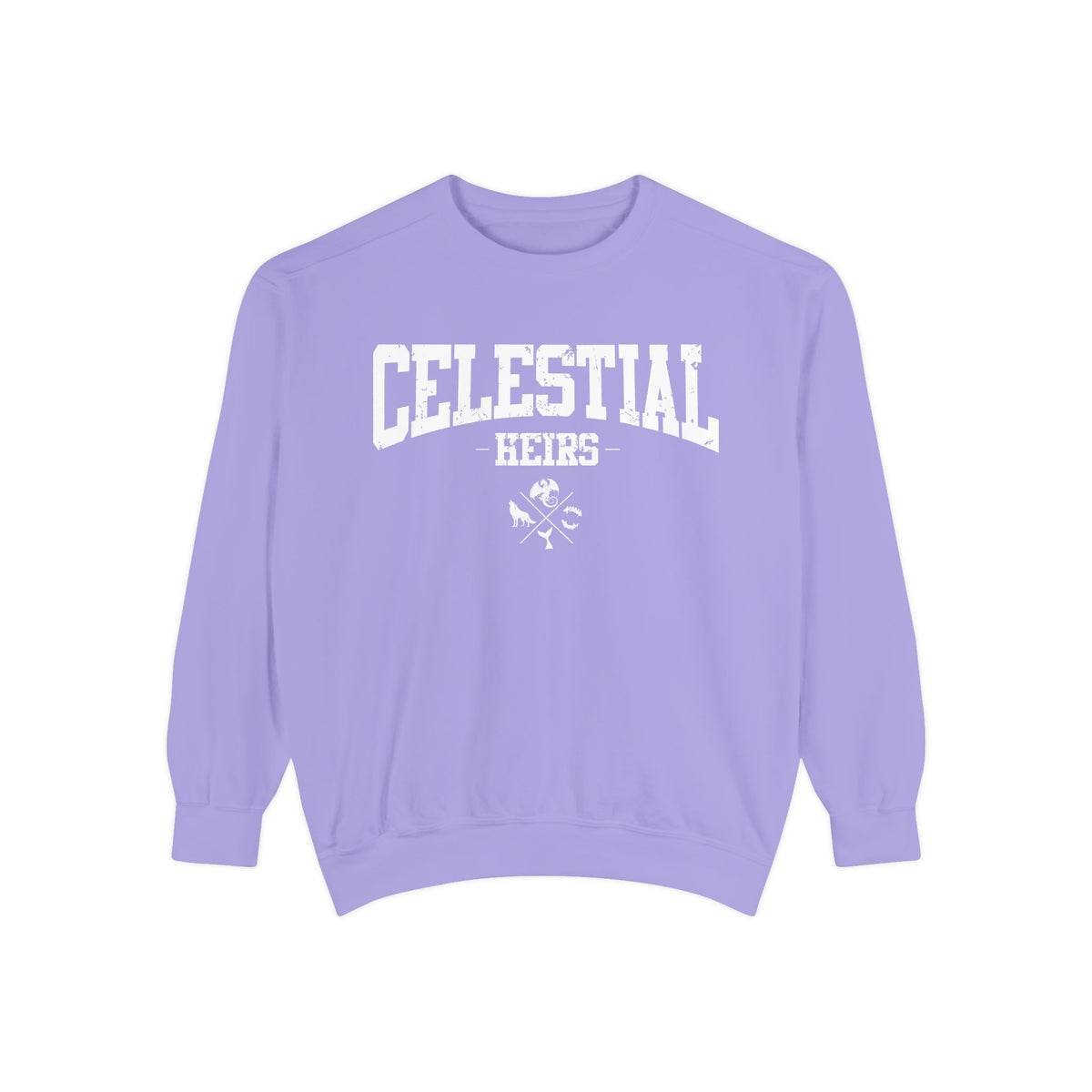 Thtgrlreads Zodiac Academy collection oversized crewneck sweatshirt in vintage-washed lavender Comfort Colors featuring bold white collegiate-style "Celestial Heirs" text and crossed symbols graphic.