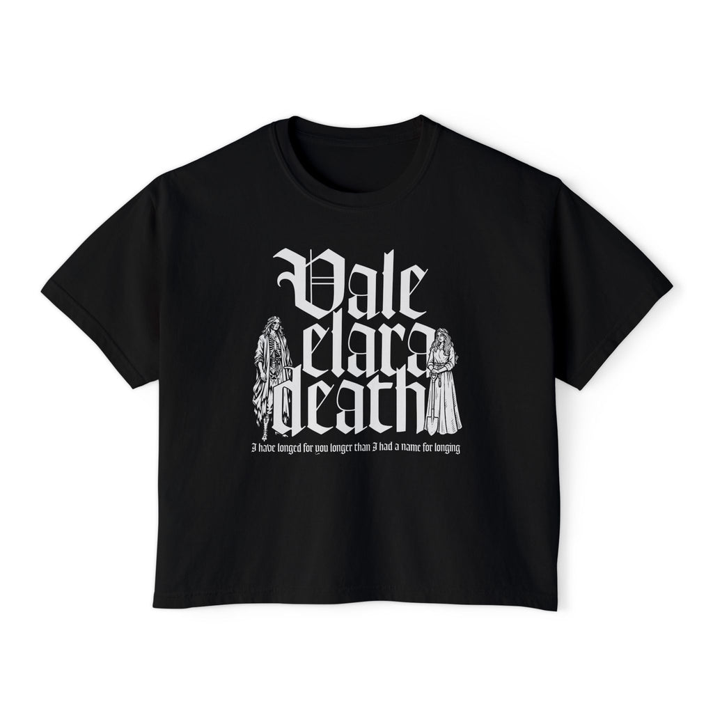 A black vintage wash Comfort Colors cropped t-shirt from thtgrlreads featuring gothic script text and detailed character illustrations, part of the Liv Zander Tees collection.