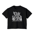 A black vintage wash Comfort Colors cropped t-shirt from thtgrlreads featuring gothic script text and detailed character illustrations, part of the Liv Zander Tees collection.