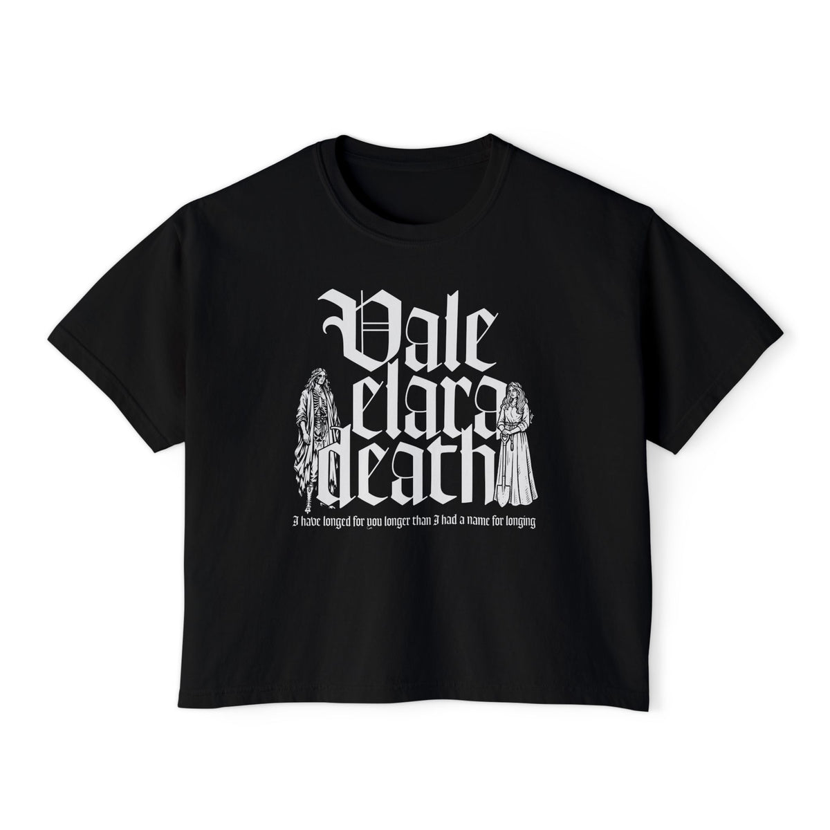 A black vintage wash Comfort Colors cropped t-shirt from thtgrlreads featuring gothic script text and detailed character illustrations, part of the Liv Zander Tees collection.