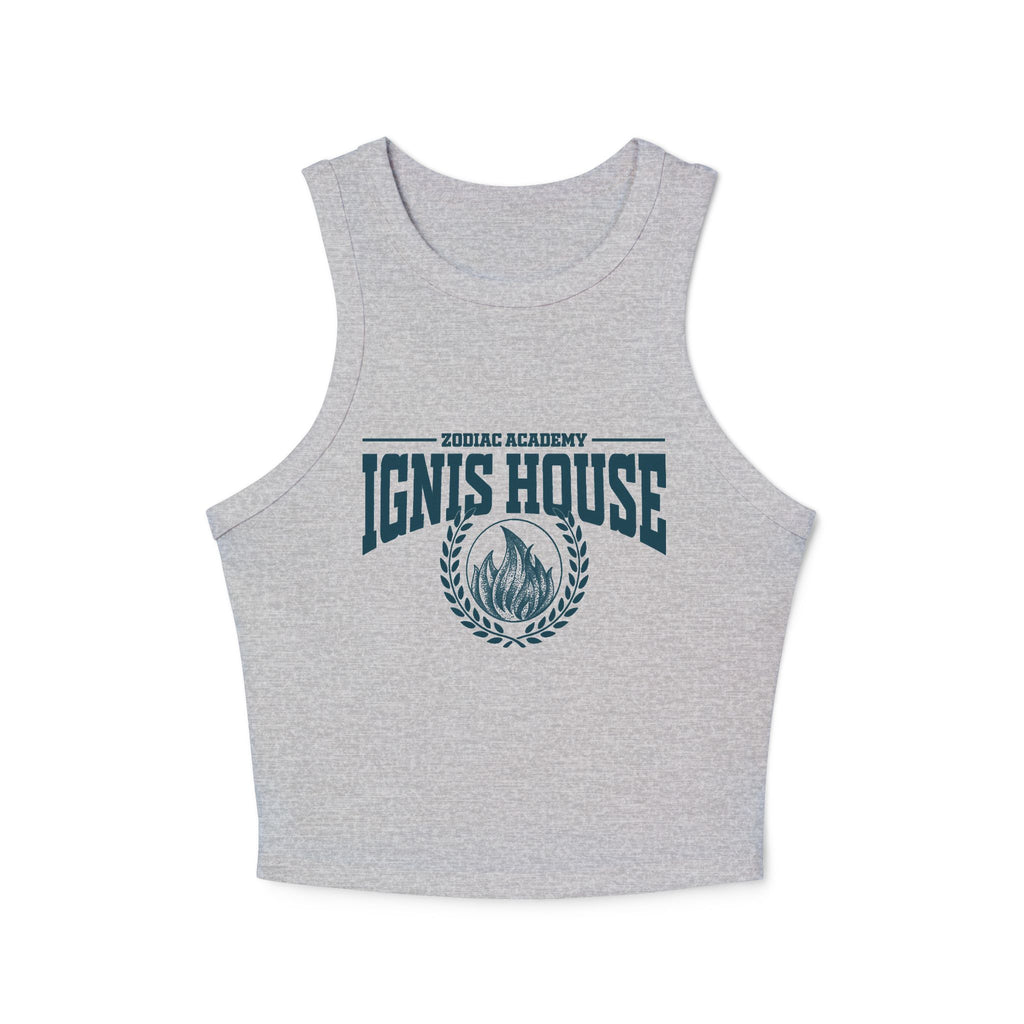 Zodiac Academy-inspired grey Comfort Colors crop tank from thtgrlreads featuring vintage-style printed Ignis House flame crest, perfect for bookish Back to School vibes.