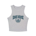 Zodiac Academy-inspired grey Comfort Colors crop tank from thtgrlreads featuring vintage-style printed Ignis House flame crest, perfect for bookish Back to School vibes.