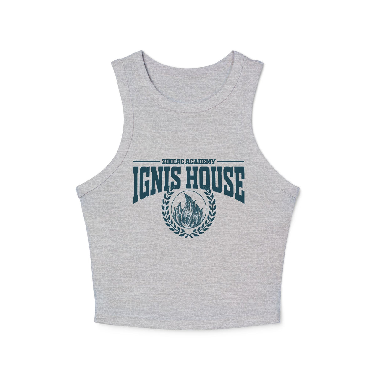 Zodiac Academy-inspired grey Comfort Colors crop tank from thtgrlreads featuring vintage-style printed Ignis House flame crest, perfect for bookish Back to School vibes.