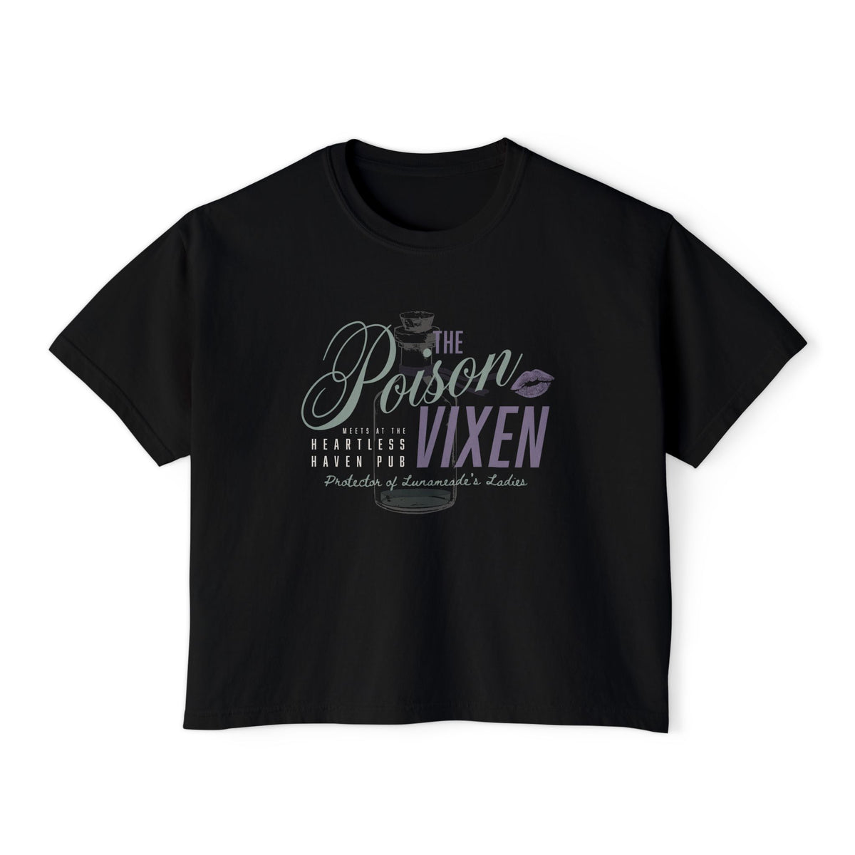 Black Comfort Colors cropped t-shirt from thtgrlreads featuring a vintage wash and graphic design from The Poison Daughter collection with stylish script and purple accents.