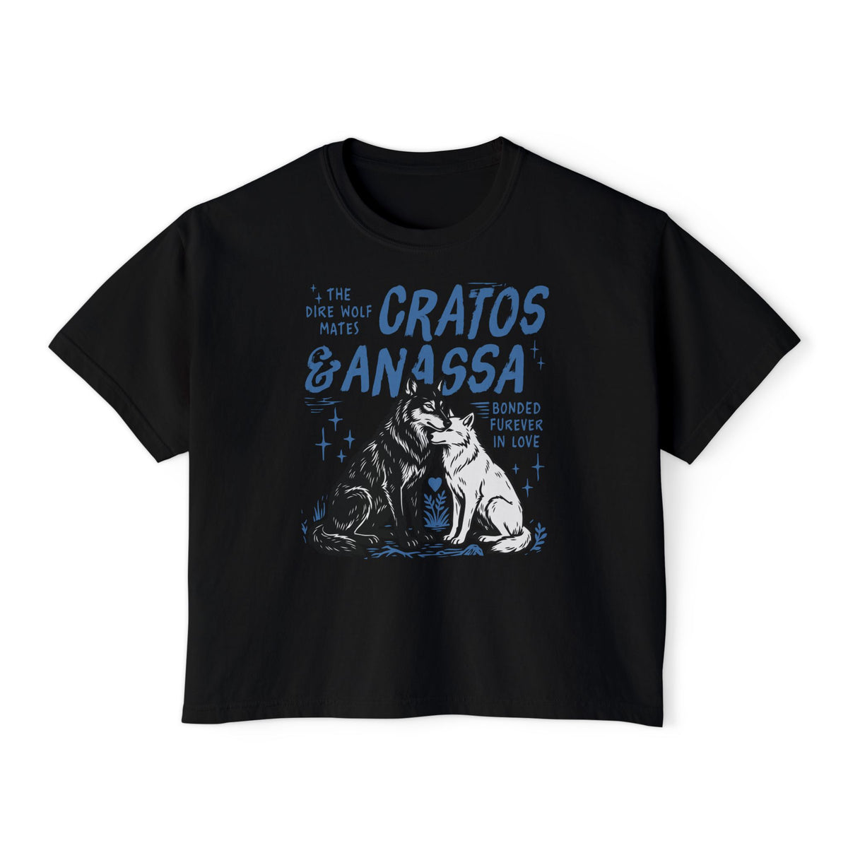 Wolves of Ruin collection from thtgrlreads features a vintage-wash black Comfort Colors crop top with a blue graphic of Cratos and Anassa wolves and romantic text, Printify.