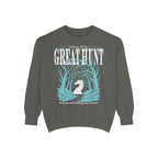 Thtgrlreads crewneck sweatshirt from the Hollow collection featuring a vintage-wash dark green Comfort Colors base with a pale blue and white graphic of a horse head framed by twisted trees and text in a gothic font.
