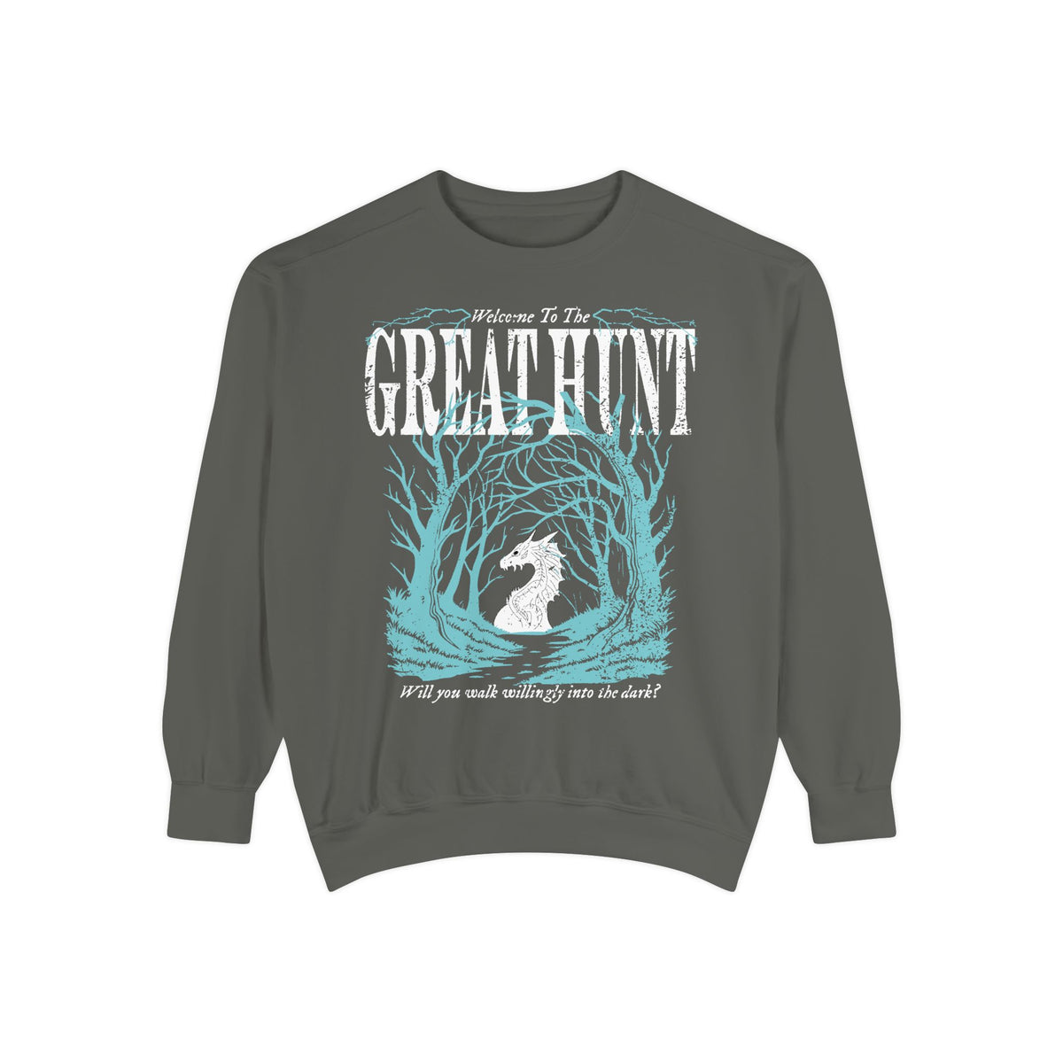 Thtgrlreads crewneck sweatshirt from the Hollow collection featuring a vintage-wash dark green Comfort Colors base with a pale blue and white graphic of a horse head framed by twisted trees and text in a gothic font.