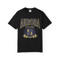 Black Comfort Colors graphic tee by thtgrlreads featuring vintage puff print "Aurora Academy" text and crest design, inspired by Ruthless Boys of the Zodiac collection.