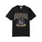 Black Comfort Colors graphic tee by thtgrlreads featuring vintage puff print "Aurora Academy" text and crest design, inspired by Ruthless Boys of the Zodiac collection.