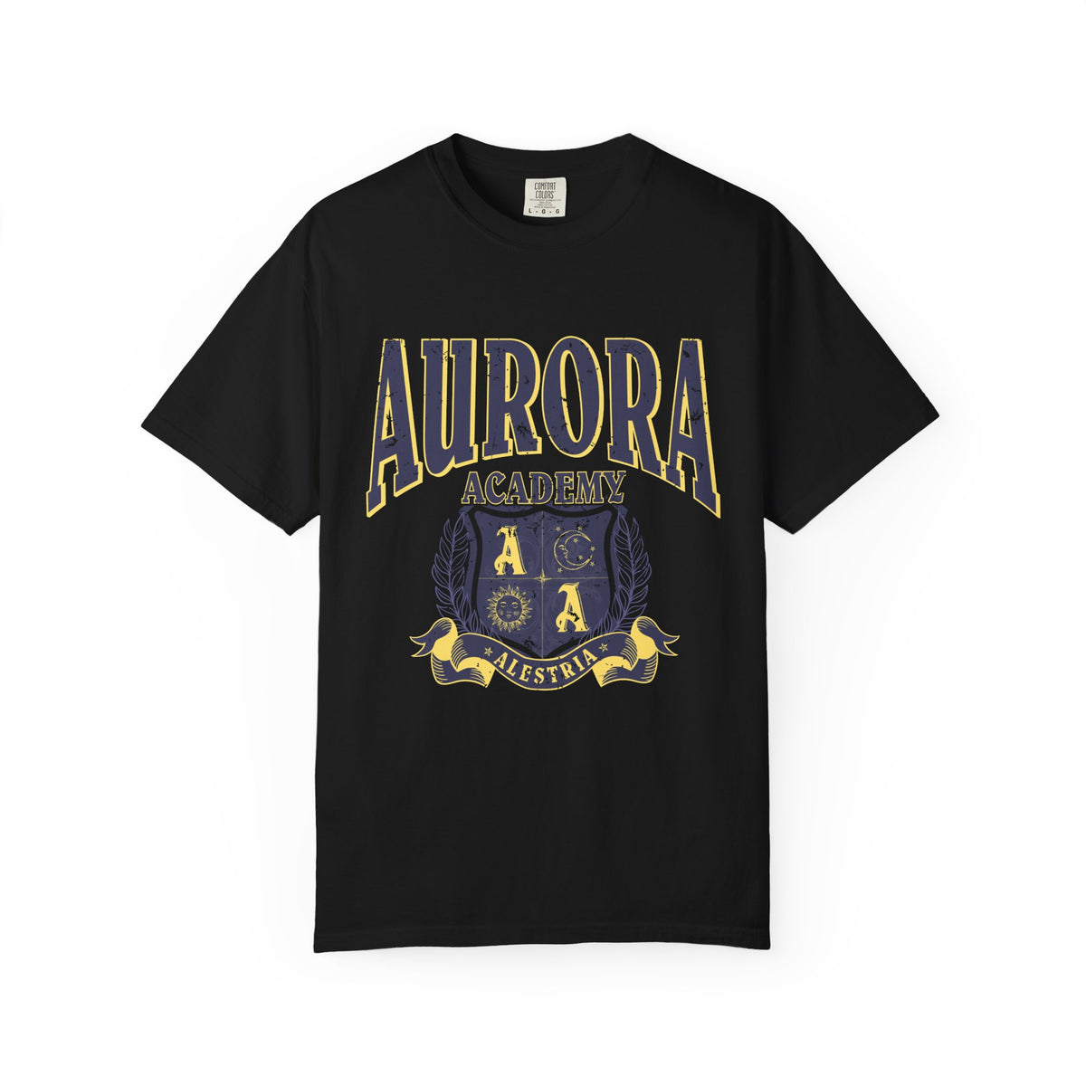 Black Comfort Colors graphic tee by thtgrlreads featuring vintage puff print "Aurora Academy" text and crest design, inspired by Ruthless Boys of the Zodiac collection.