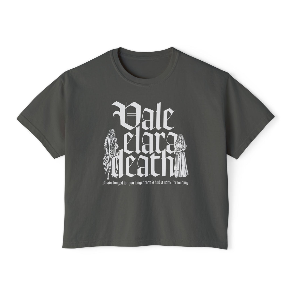 Thtgrlreads Liv Zander collection features this vintage wash Comfort Colors charcoal cropped tee with gothic script text and fantasy romance inspired figure graphics from the "Tees" line.