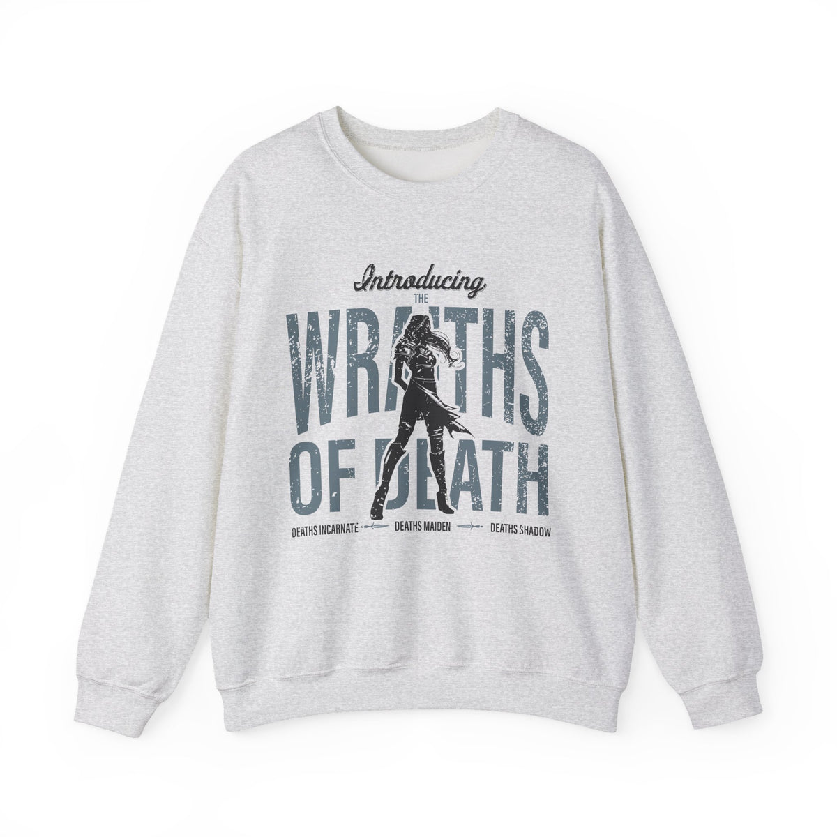 Thtgrlreads oversized crewneck sweatshirt from Lady of Darkness & Legacy Series featuring vintage wash and graphic text "Wraiths of Death" with a dark fantasy silhouette, part of official licensed bookish apparel.