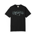 A black Comfort Colors graphic tee from thtgrlreads featuring a vintage washed design with "Draconis" text and a stylized serpent graphic, part of Ruthless Boys of the Zodiac collection.