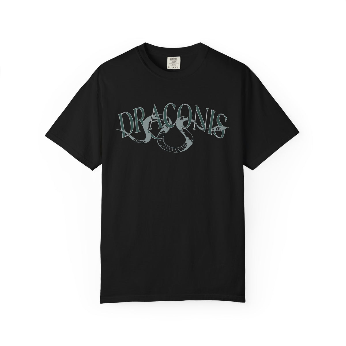 A black Comfort Colors graphic tee from thtgrlreads featuring a vintage washed design with "Draconis" text and a stylized serpent graphic, part of Ruthless Boys of the Zodiac collection.
