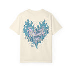 Thtgrlreads Zodiac Academy collection comfort colors graphic tee featuring a vintage wash cream base with a blue flame heart and pastel pink and blue "Blue means you" script design.