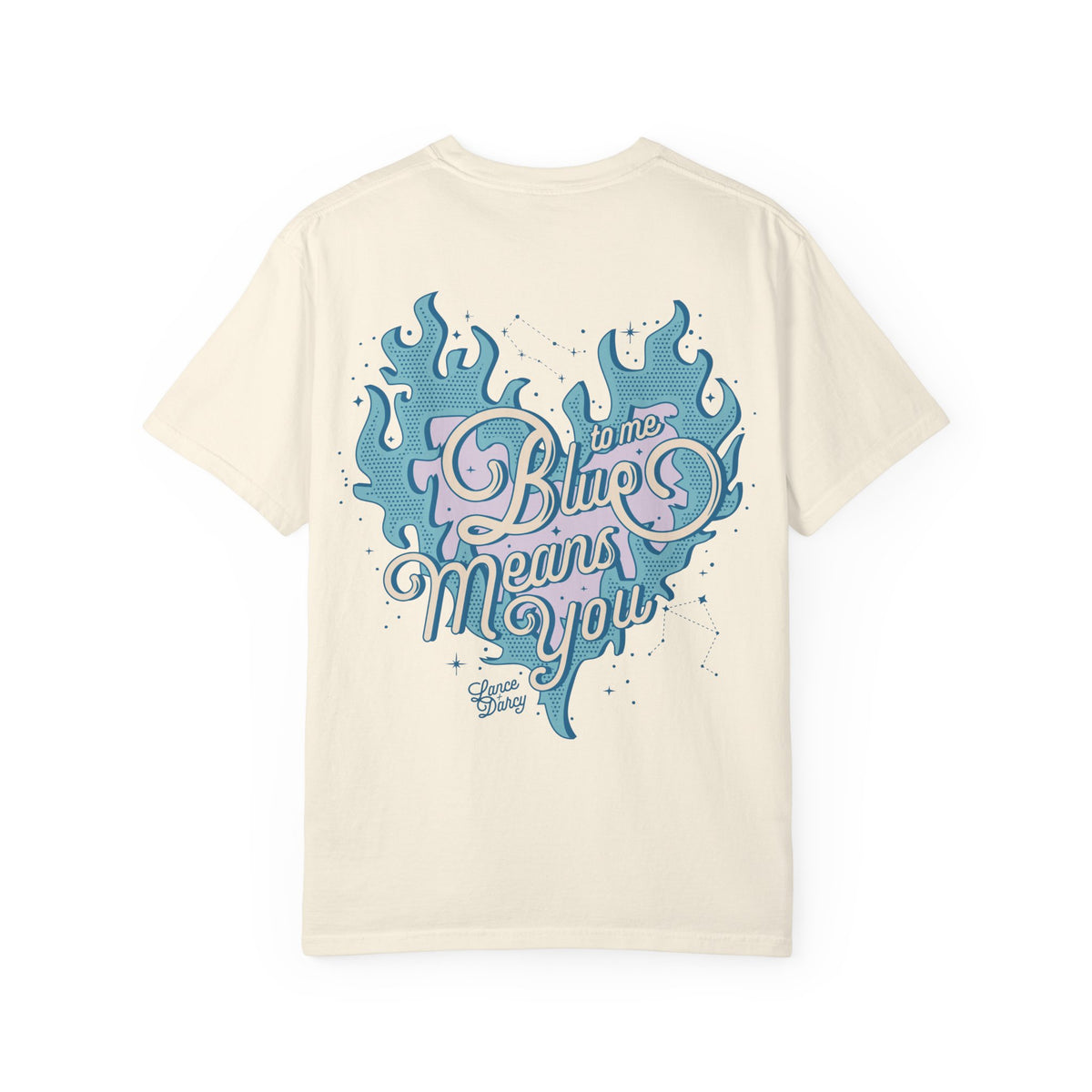 Thtgrlreads Zodiac Academy collection comfort colors graphic tee featuring a vintage wash cream base with a blue flame heart and pastel pink and blue "Blue means you" script design.