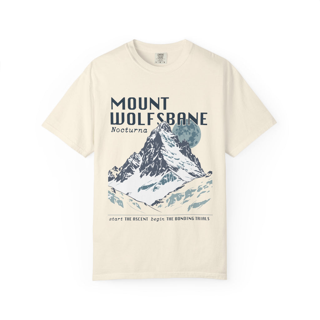 Thtgrlreads Wolves of Ruin collection vintage wash Comfort Colors graphic tee featuring a detailed mountain illustration and stylized text, unisex fit for fantasy romance fans.