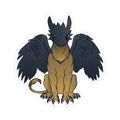 Illustration of a brown and black winged dragon with a sleek head and fierce eyes, sitting upright with detailed feathers and claws, designed for fantasy romance fan art.